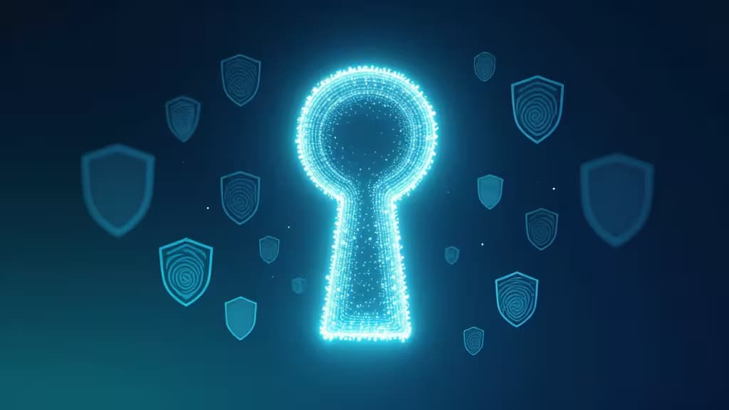 A glowing digital keyhole surrounded by fingerprint-patterned shields symbolizes secure passkey authentication.