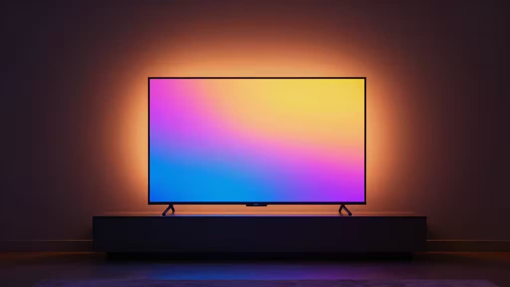 A modern living room TV with a vibrant gradient smart light strip mounted behind it, casting colorful bias lighting onto the surrounding wall in a dark room.