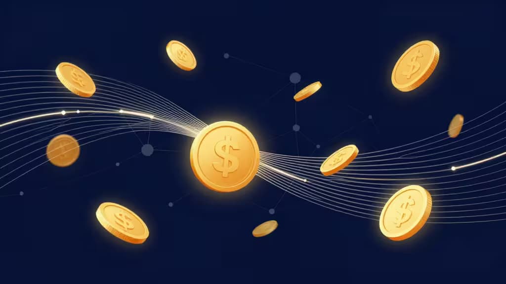 Glowing gold dollar coins float amid white data streams on a dark blue background, symbolizing digital stablecoin trading.