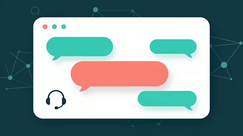 Janela de chat branca com balões de fala em tons de teal e coral, ícone de auricular e linhas de rede sobre fundo teal escuro.