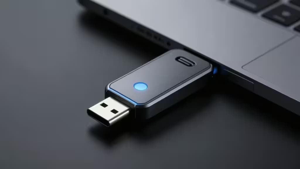 Ein USB-C-Hardware-Security-Key, der in ein Laptop-Port eingesteckt ist, mit bläulichem Akzentlicht vor dunklem Hintergrund.
