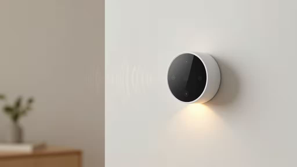 A modern short-term rental interior with a small circular smart noise sensor mounted on a white wall, soft warm lighting, minimalist decor.
