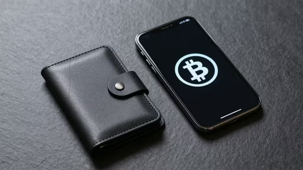 Schwarze Hardware-Wallet neben Smartphone mit leuchtendem Bitcoin-Cash-Logo auf dunkler Oberfläche.