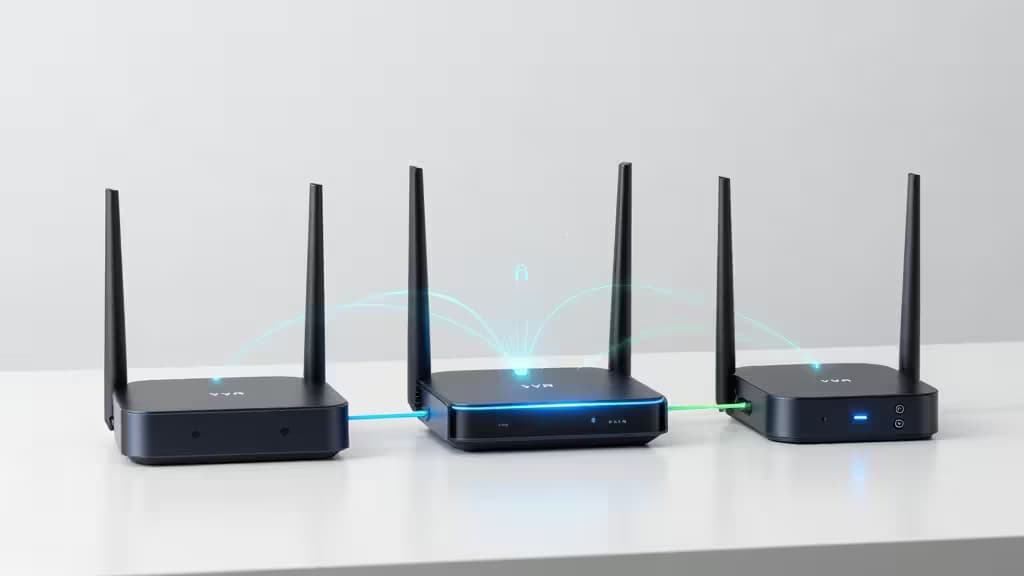 Trois routeurs noirs avec des lumières bleues et des antennes sur une surface blanche, symbolisant des connexions VPN sécurisées.