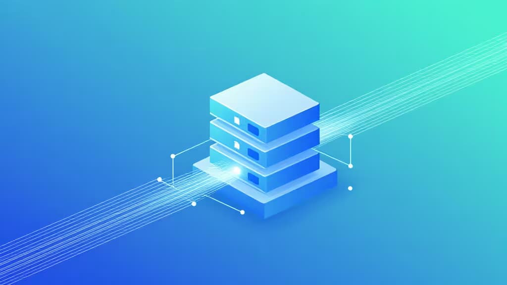 Illustration abstraite d'une infrastructure de stockage cloud avec des flux de données lumineux et des nœuds réseau interconnectés sur fond dégradé bleu et turquoise