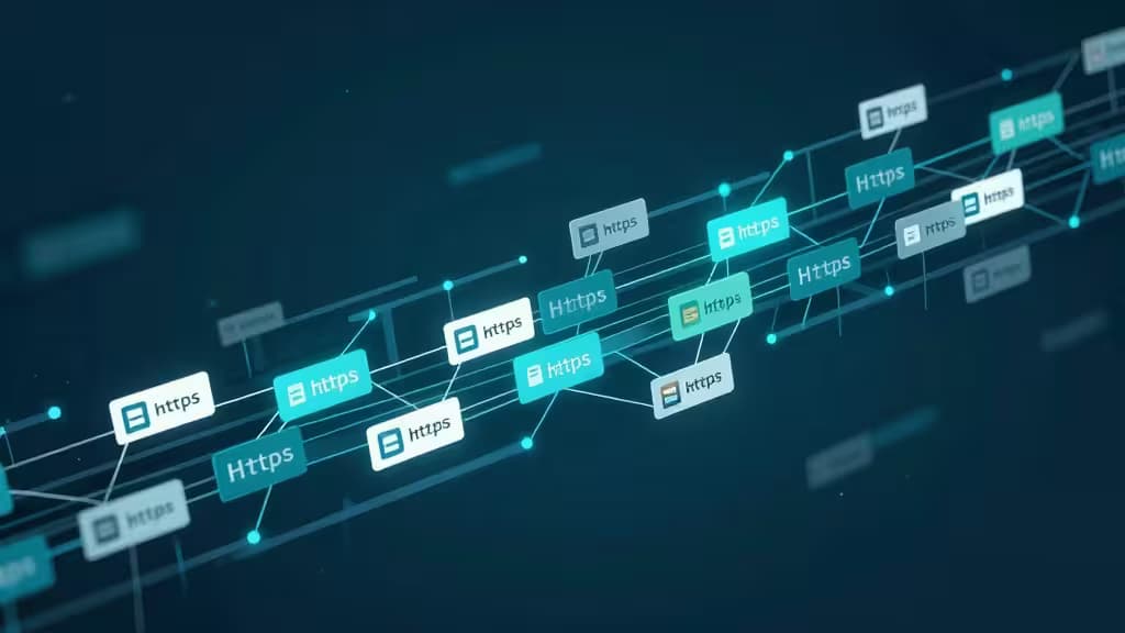 Illustrazione astratta di flussi di dati cifrati che attraversano un firewall con ispezione profonda dei pacchetti, raffigurati come traffico HTTPS normale in tonalità teal e blu profondo.