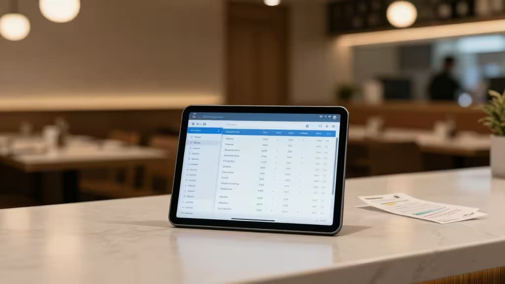 A tablet displaying expense tracking software sits on a marble counter in a modern restaurant setting.