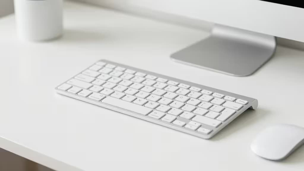 Een wit draadloos toetsenbord op een minimalistische witte desk naast een strakke monitor en muis.