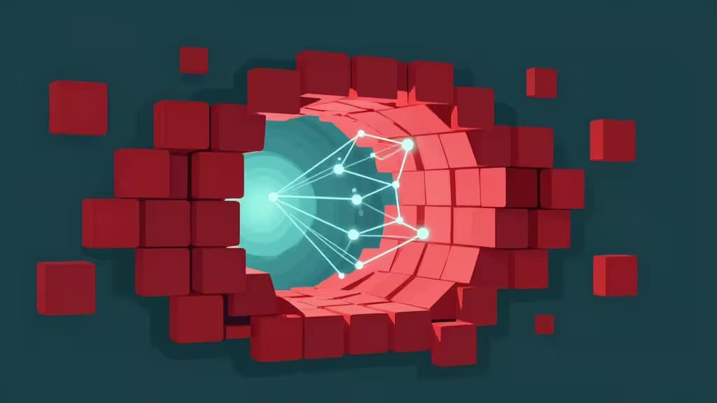 Abstract illustration of a glowing encrypted data tunnel breaking through a wall of red blocks, symbolizing VPN circumvention of internet censorship.