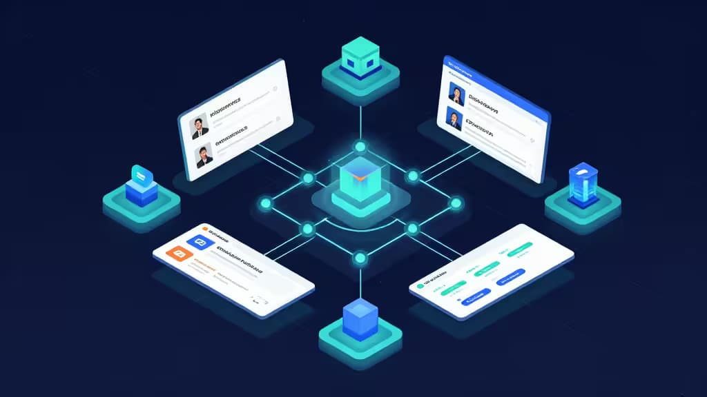 Glowing isometric nodes connect floating UI panels on a dark grid, visualizing platform engineering workflows.