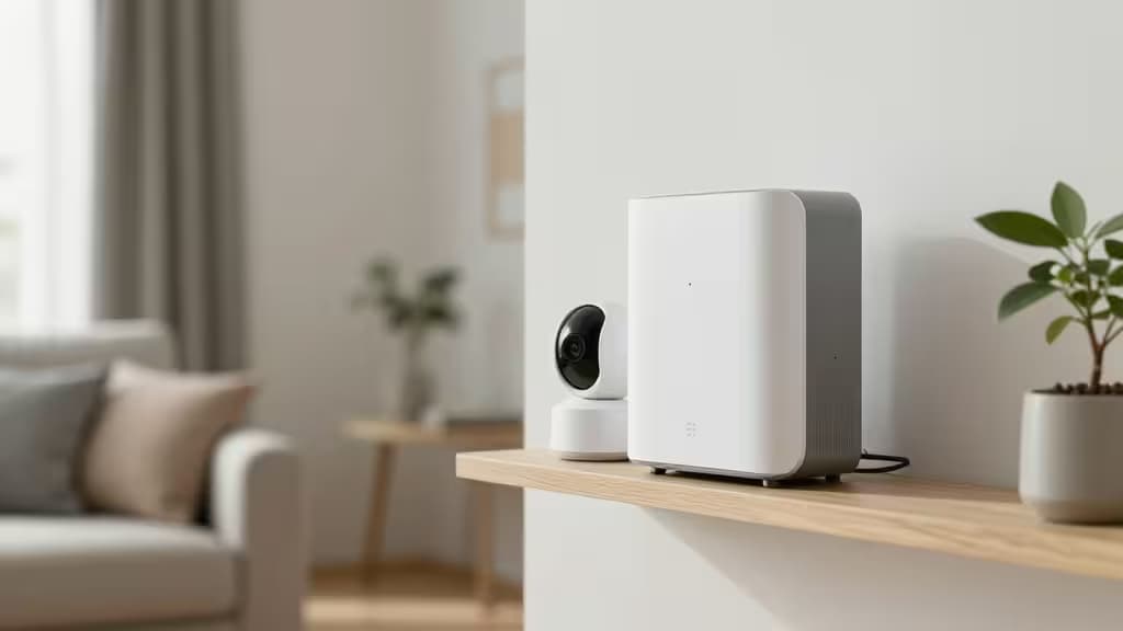 White wireless security camera and hub sit on wooden shelf, no-drill installed in modern rental apartment.