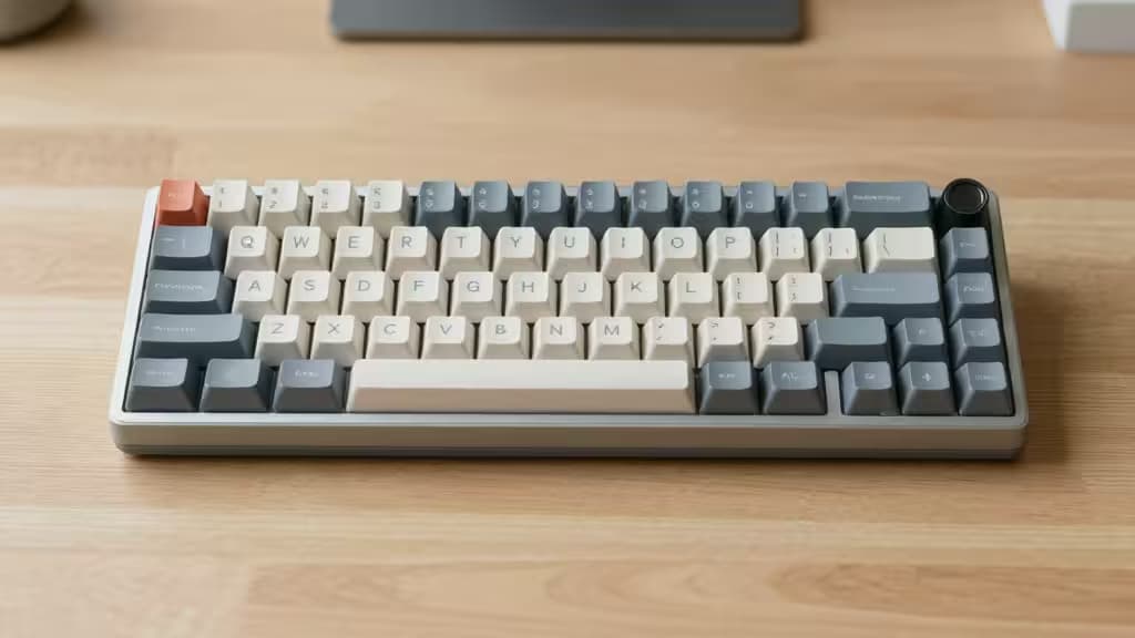 Compact Alice-layout mechanical keyboard with grey and cream keycaps rests on a light wooden desk surface.