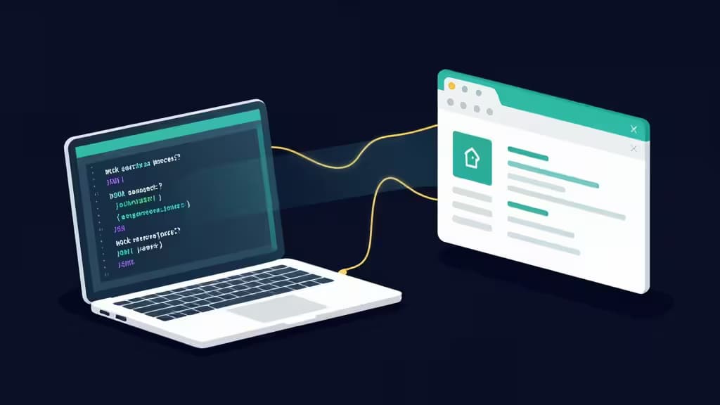 Ноутбук с кодом соединён кабелем с окном браузера, иллюстрируя API-мокинг для фронтенда.
