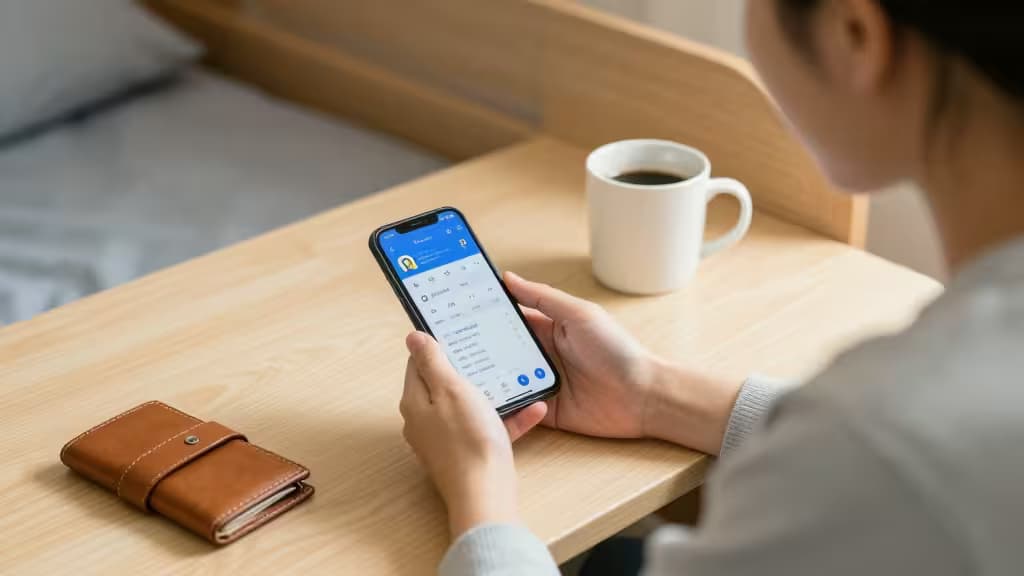 Student checks fee-free college account on smartphone beside coffee and wallet.