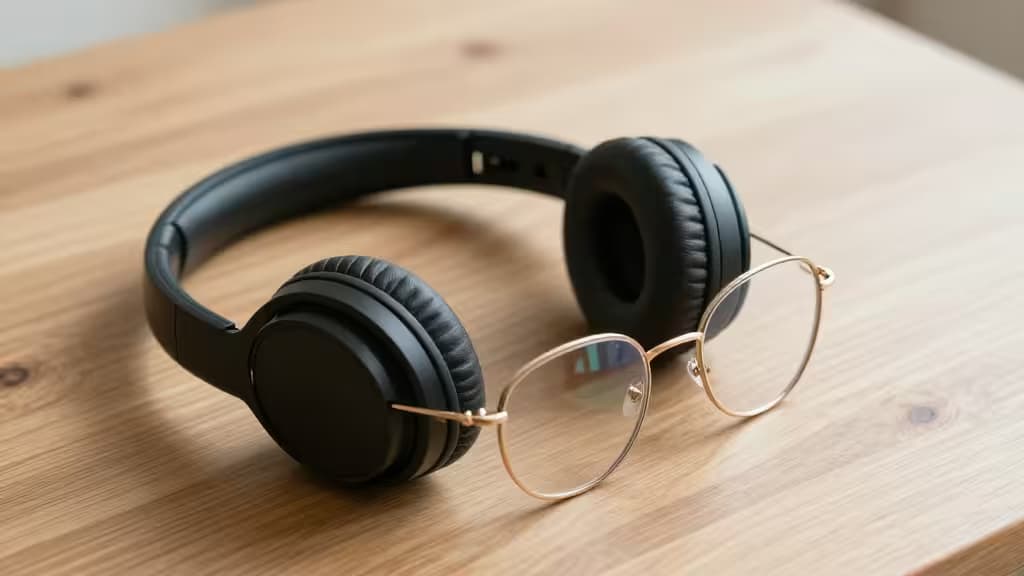 Casque audio noir posé à côté de lunettes à monture dorée sur une surface en bois clair.