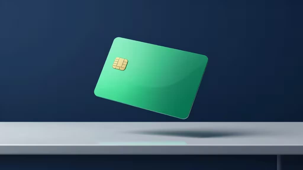 Una elegante carta corporate verde con chip dorato fluttua sopra una superficie bianca su uno sfondo blu profondo.
