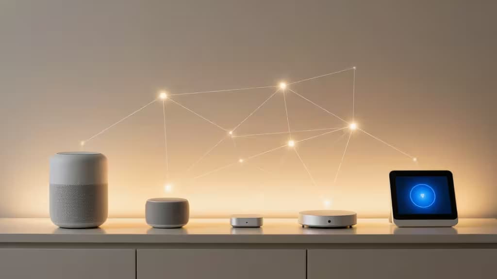 Moderne minimalistische smart home-opstelling met verbonden apparaten en een gloeiend mesh-netwerk van dunne lijnen die de apparaten met elkaar verbinden.