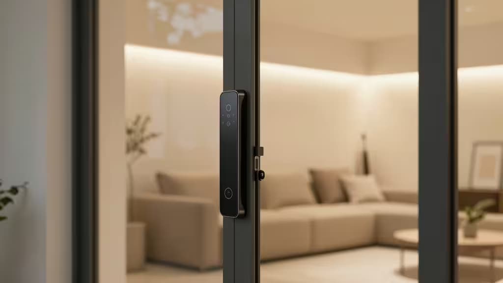 Serrure connectée noire élégante installée sur une porte coulissante en verre moderne, laissant voir un intérieur chaleureux au travers.