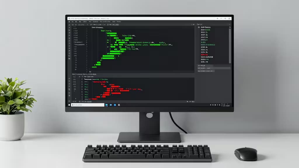 Ein moderner Monitor mit farbigen Code-Coverage-Metriken, umgeben von einem minimalistischen Schreibtisch-Setup mit einer Grünpflanze.