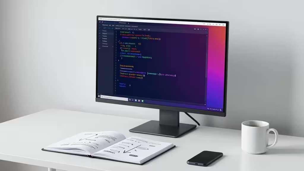 A white desk holds a monitor displaying React code, an open notebook, smartphone, and coffee mug.