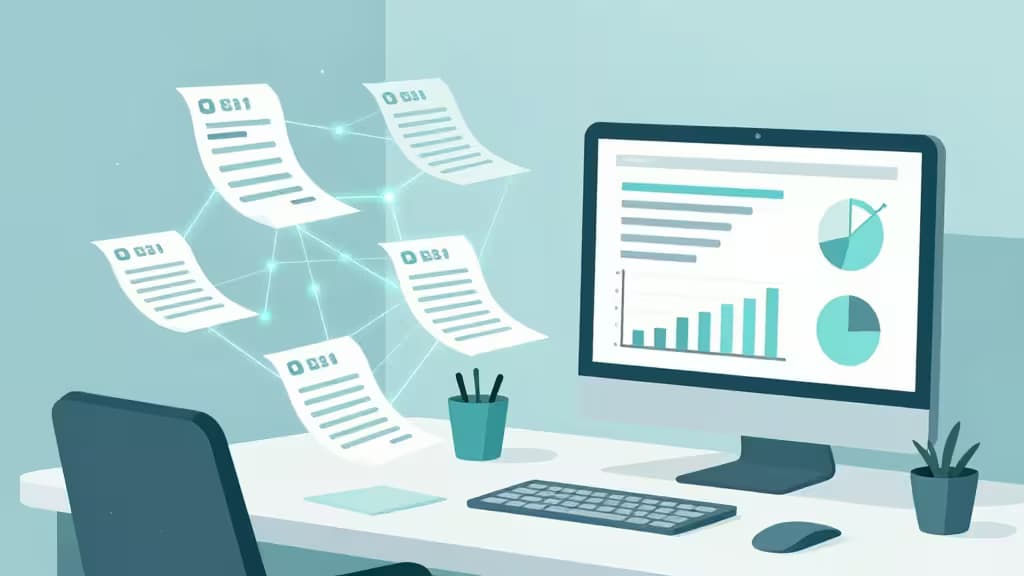 Floating digital receipts connect via glowing neural networks to a desktop monitor displaying financial charts, illustrating AI bookkeeping.