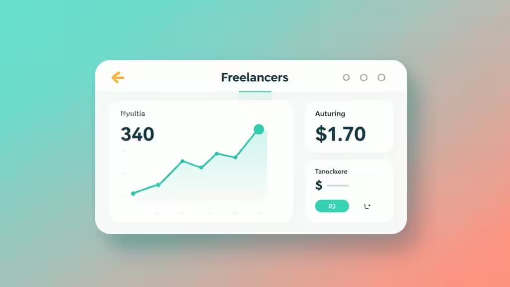 Tableau de bord bancaire numérique pour freelancers avec graphique de revenus en hausse, montants en dollars et boutons d'interface sur un dégradé teal et rose.
