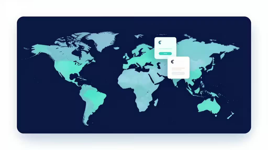 A teal world map on navy blue features two white UI cards with euro symbols, symbolizing global expense management.