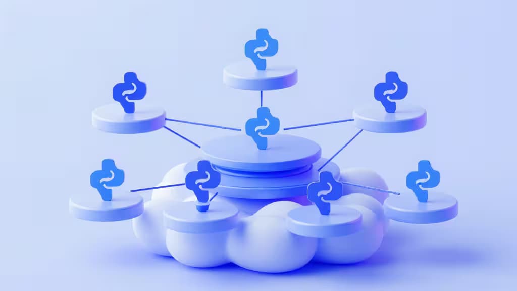 Blue Python logos on cloud platforms connected by lines, symbolizing microservices architecture.