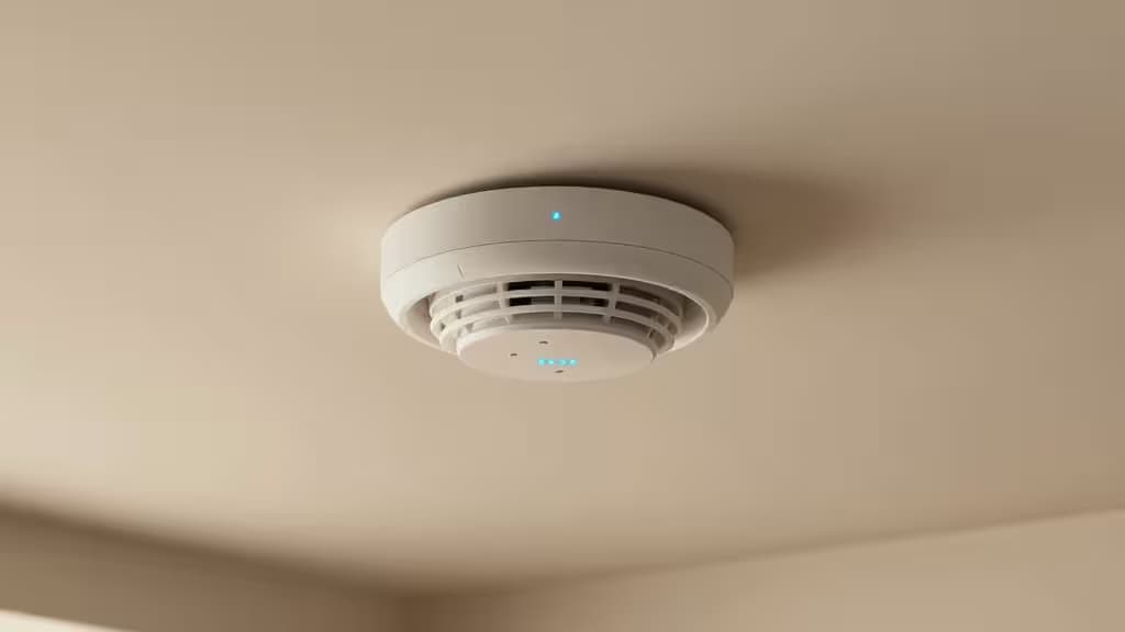 Un rilevatore di fumo smart bianco e circolare con indicatori LED blu montato su un soffitto beige liscio.