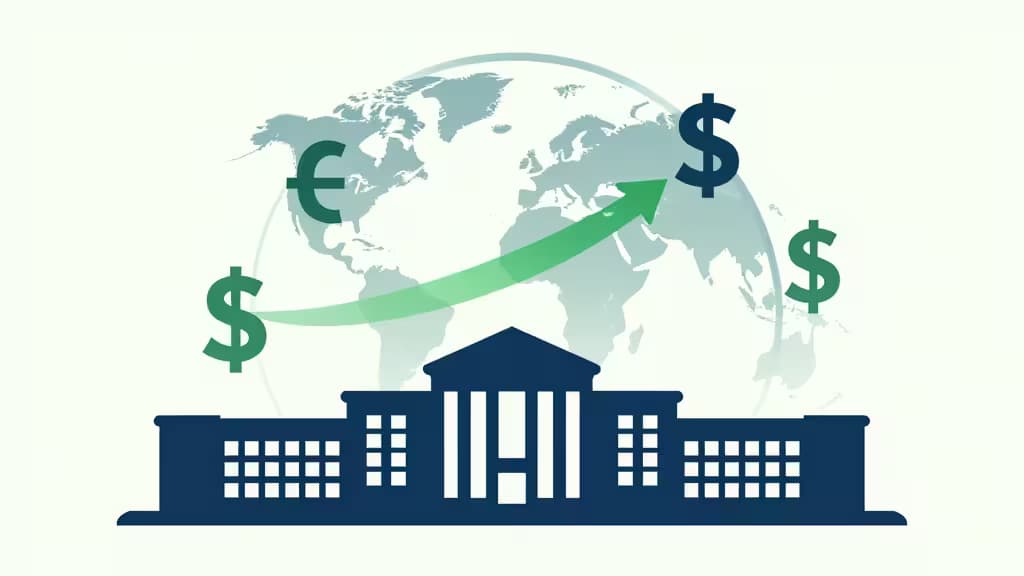 Un edificio universitario sotto un globo con simboli di dollaro ed euro fluttuanti, collegati da una freccia verde ascendente che simboleggia i pagamenti delle rette internazionali.