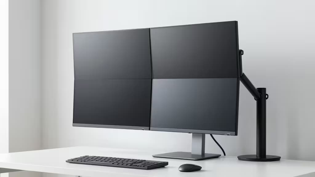 Black dual-monitor arm holds two screens on white desk with keyboard and mouse.