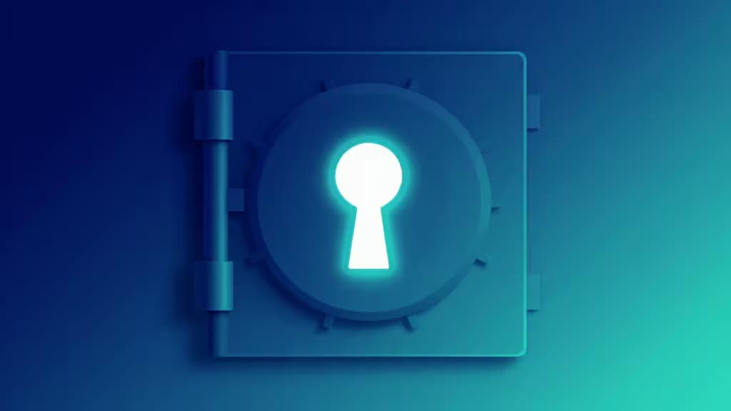 Abstract digital vault with a glowing keyhole rendered in blue and teal gradient, representing password security and encrypted data protection.