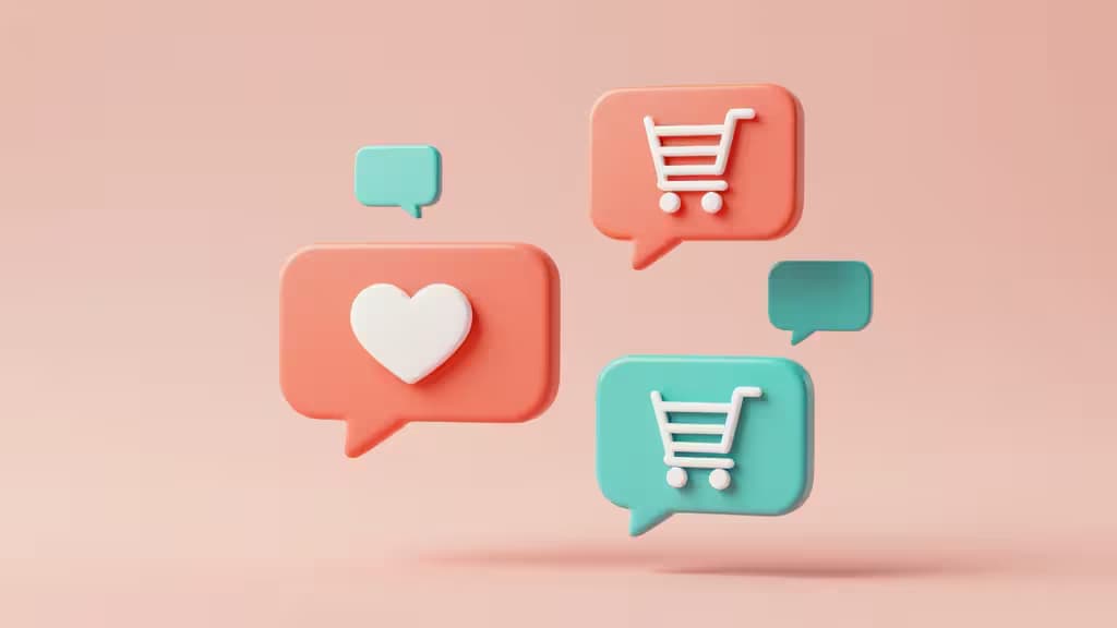 Abstract 3D illustration of floating chat bubbles and shopping cart icons in coral and teal tones, representing AI-powered e-commerce customer service.