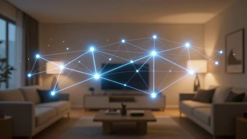 Nœuds de réseau mesh lumineux flottant au-dessus d'un salon moderne, symbolisant des appareils domotique interconnectés dans un environnement Matter.