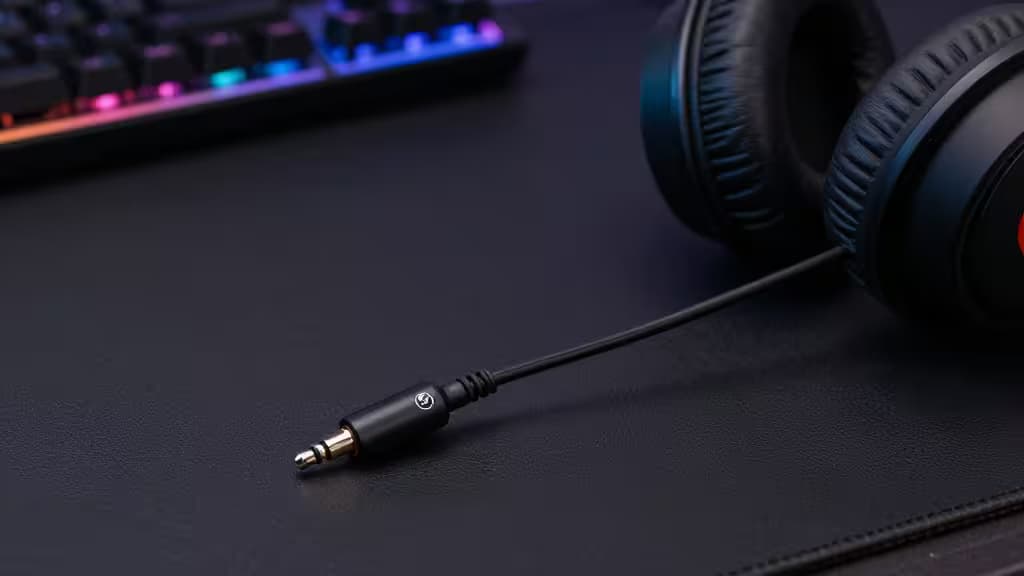 Black gaming headset with 3.5mm jack rests on dark desk beside RGB keyboard.