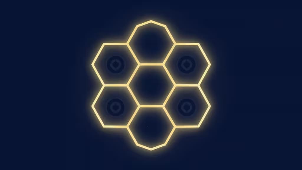 Glowing hexagonal grid with central Solana logo, set against dark blue background.