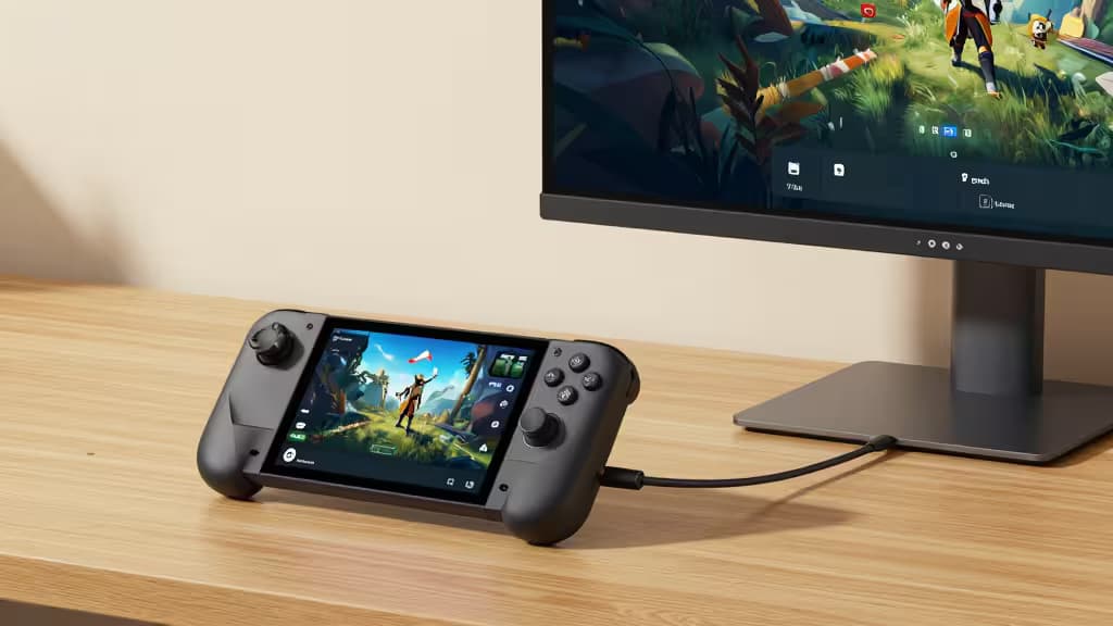 A Steam Deck OLED connected via USB-C to a slim portable monitor on a wooden desk, with game content on both screens.