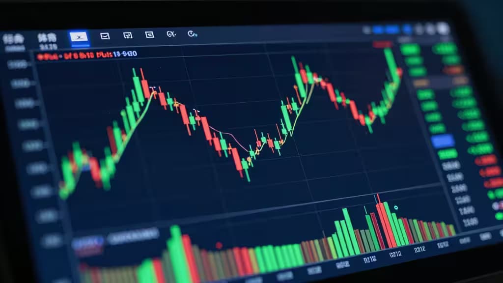 A tablet displays a vibrant candlestick chart with green and red bars, symbolizing dynamic crypto options trading activity.