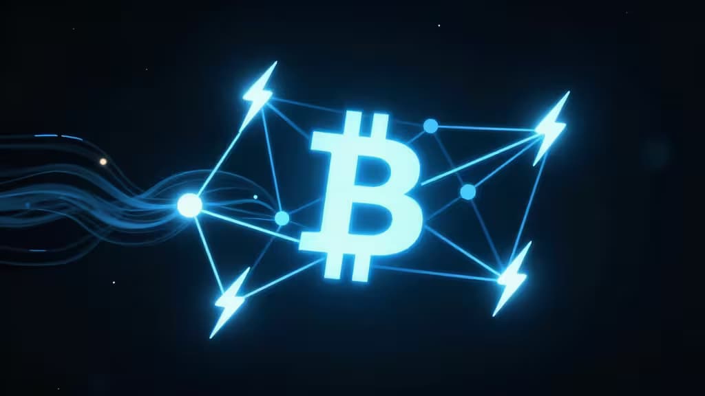 Abstract visualisatie van het Bitcoin Lightning Network met blauwe bliksemschichten die verbonden knopen vormen op een donkere achtergrond