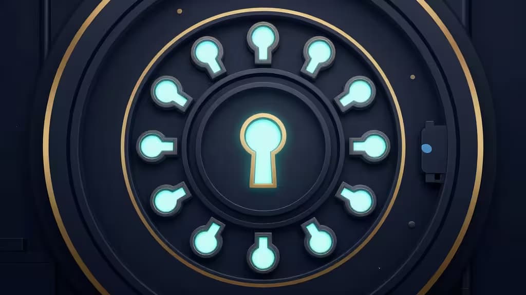 Abstract illustration of a digital vault with multiple glowing key slots arranged in a circular pattern, representing multi-signature cryptocurrency security for organizations.