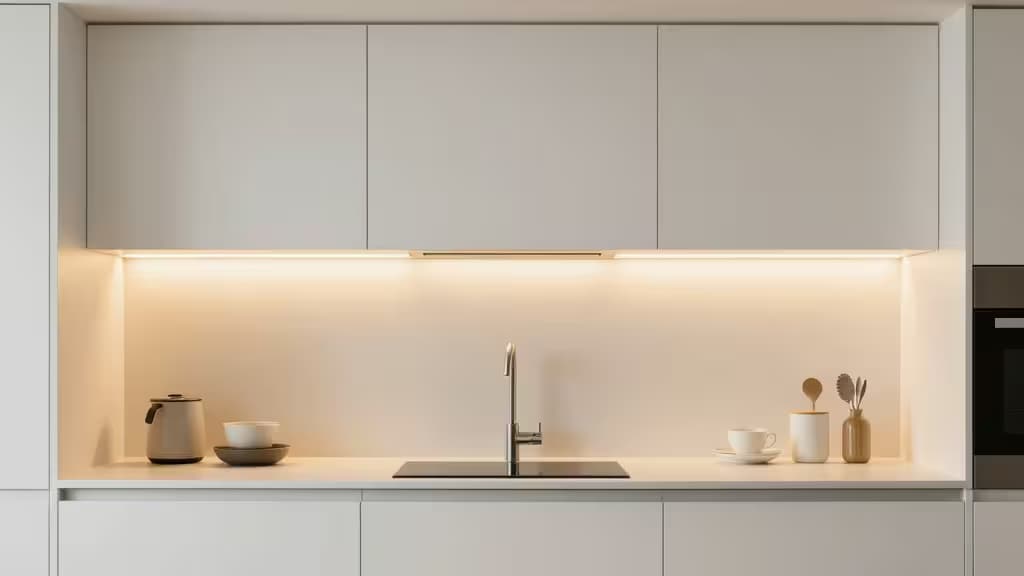 Warm LED strips illuminate the minimalist white kitchen counter beneath sleek upper cabinets.