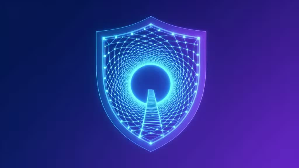 Abstract illustration of a glowing quantum cryptographic lattice mesh shielding a network data tunnel against a deep blue and violet gradient background.