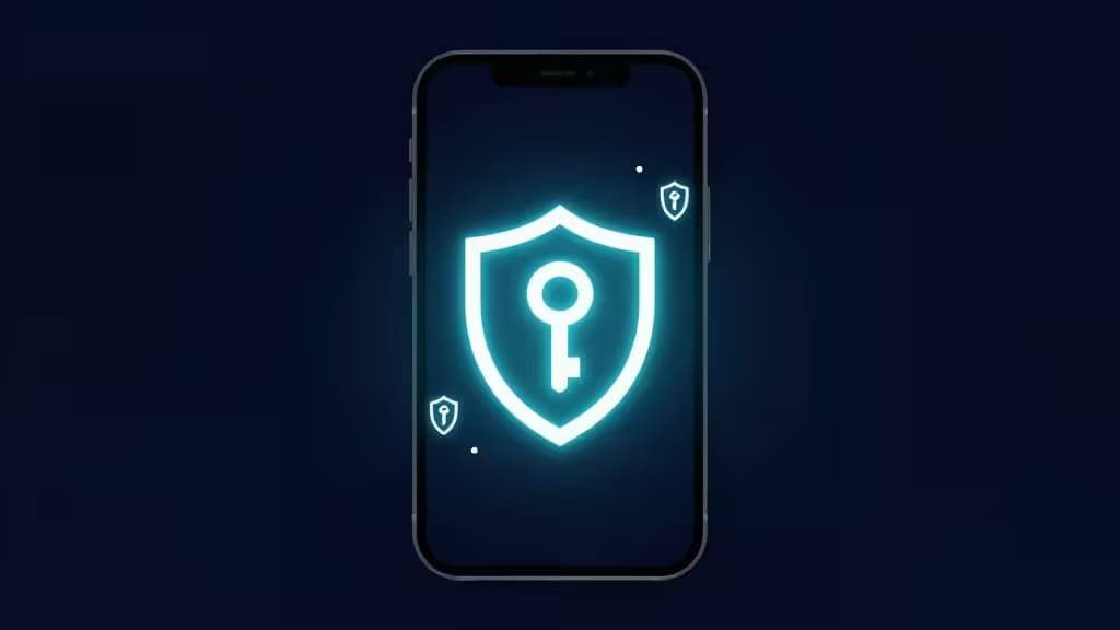 Abstract veiligheidsconcept met een smartphone die een gloeiend schildpictogram toont, omgeven door cryptografische sleutelsymbolen op een donkerblauwe achtergrond.