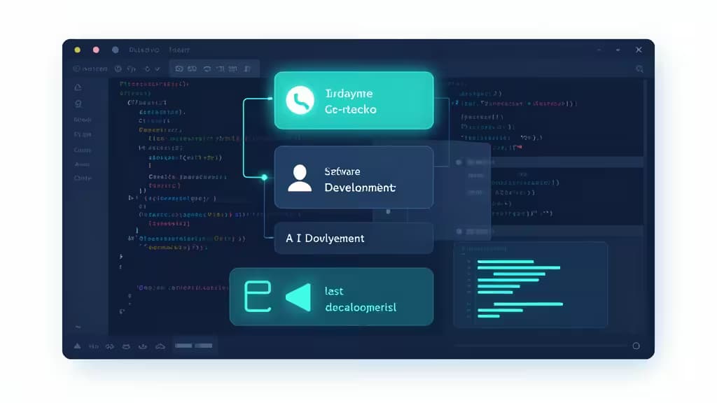 Abstract illustration of AI-assisted code review with glowing annotations and test coverage visualizations over a dark code editor interface.