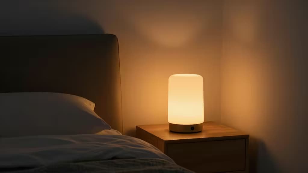 Een cilindrische slimme lamp verspreidt warm licht op een houten nachtkastje naast een bed.