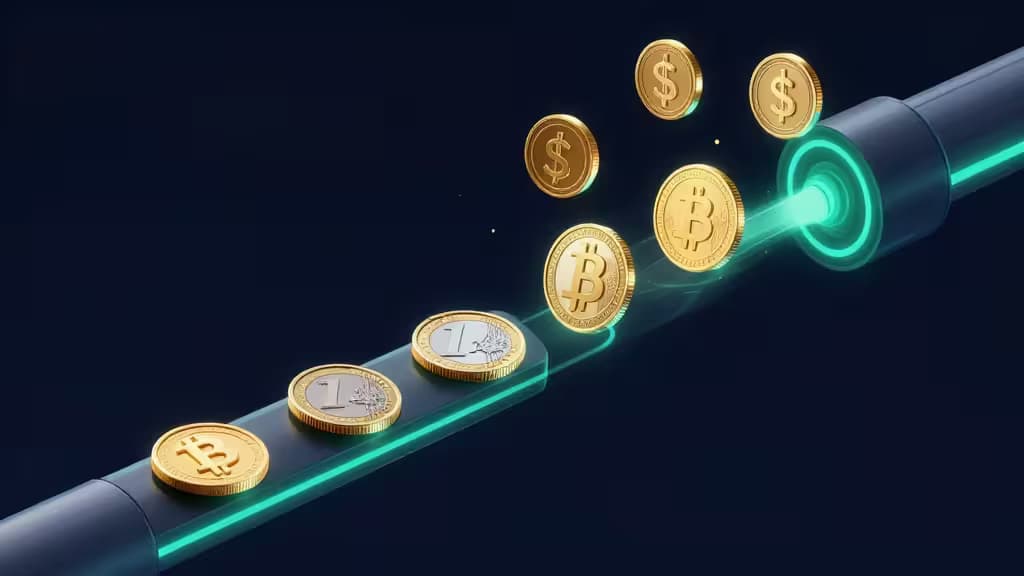 Золотые фиатные и криптовалютные монеты проходят через светящийся цифровой конвейер, символизируя бесшовную конвертацию фиата в крипту.