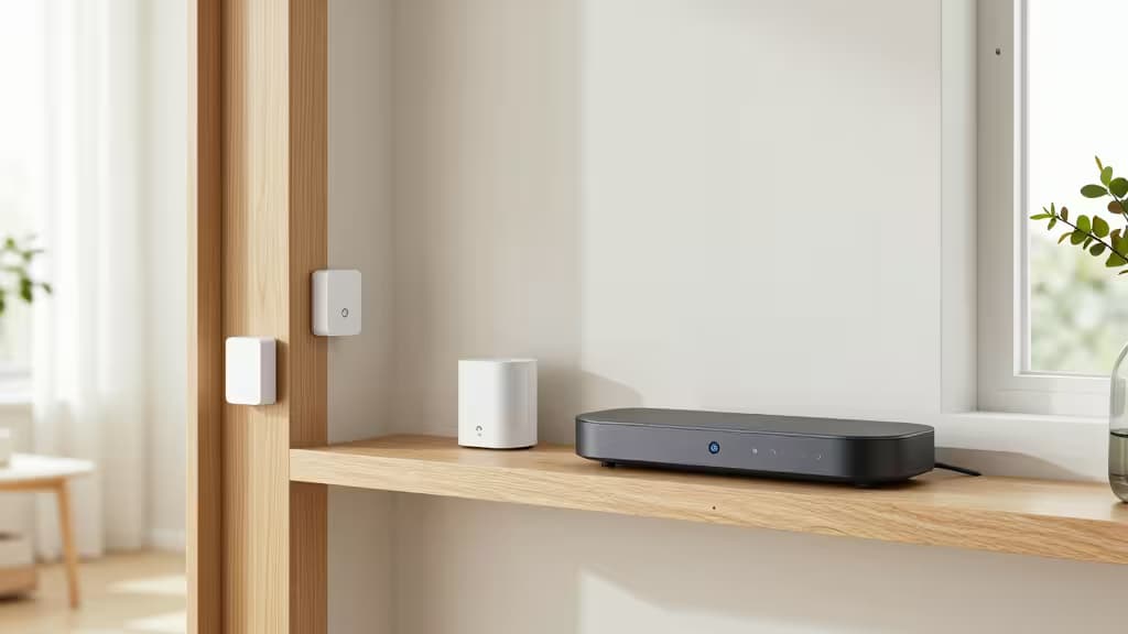 Smart hub and sensors on wooden shelf in bright, modern home interior.
