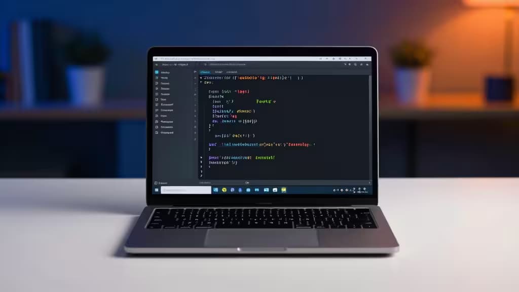 Srebrny laptop wyświetla kod w Rucie w nowoczesnym IDE, ustawiony na białym biurku z rozmytym tłem.