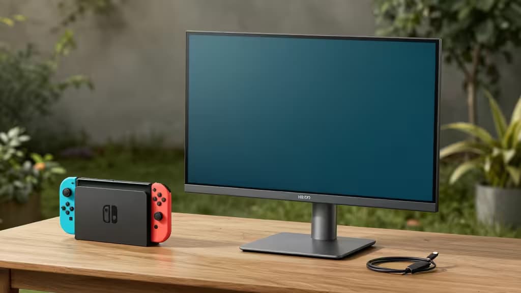 A black 15.6-inch monitor with a teal screen sits beside a Nintendo Switch on a wooden table outdoors.