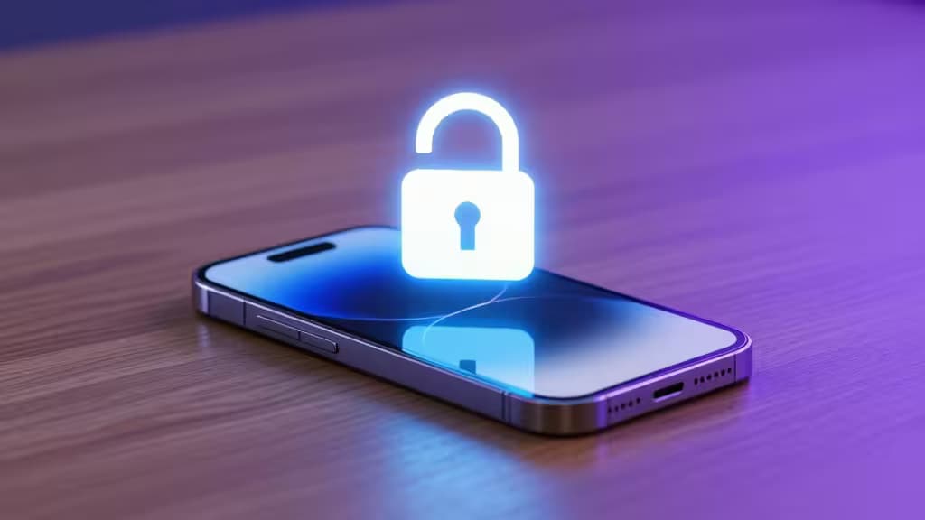 Un cadenas lumineux flotte au-dessus d'un iPhone posé sur une surface en bois, symbolisant la gestion sécurisée des mots de passe.